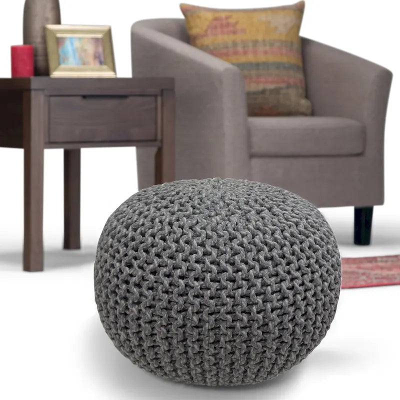 Boho Round Hand Knit Cotton Pouf Ottoman Blue Navy