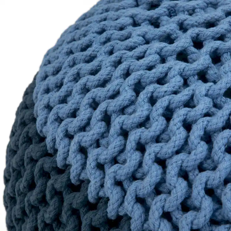 Boho Round Hand Knit Cotton Pouf Ottoman Blue Navy