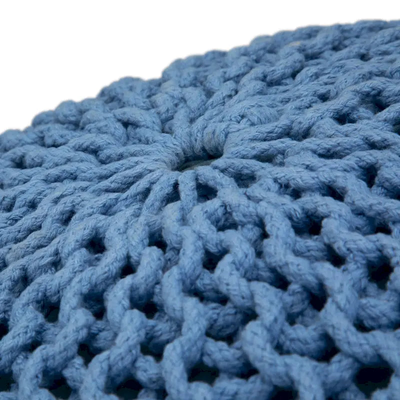 Boho Round Hand Knit Cotton Pouf Ottoman Blue Navy