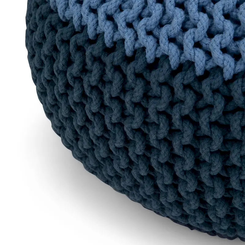 Boho Round Hand Knit Cotton Pouf Ottoman Blue Navy