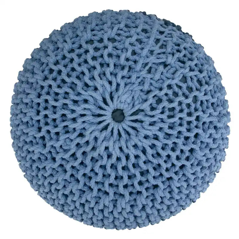 Boho Round Hand Knit Cotton Pouf Ottoman Blue Navy