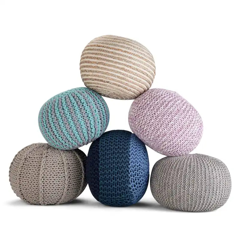 Boho Round Hand Knit Cotton Pouf Ottoman Blue Navy