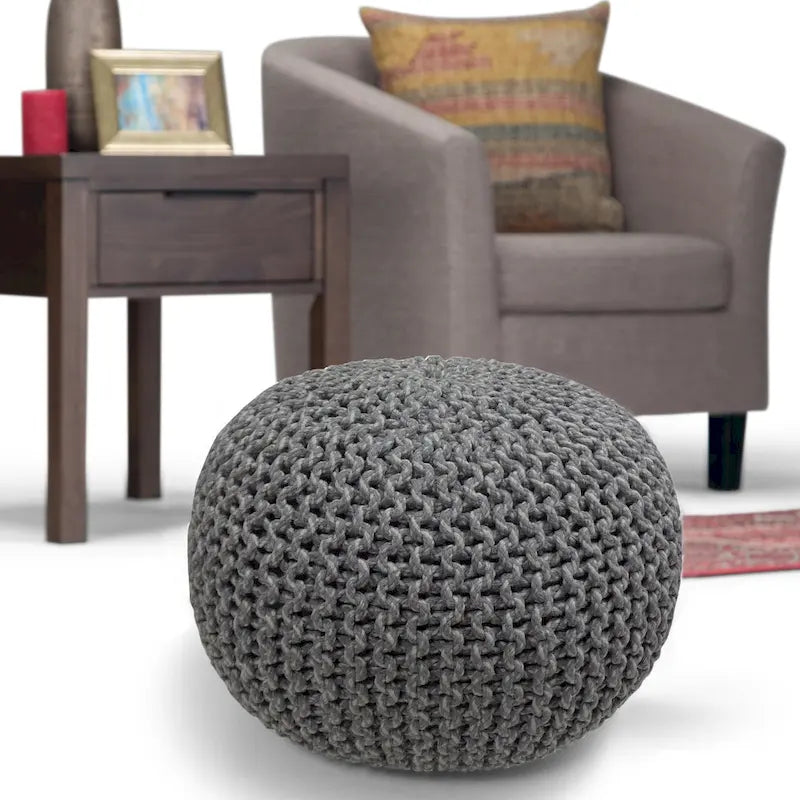 Boho Round Hand Knit Cotton Pouf Ottoman Blue Navy