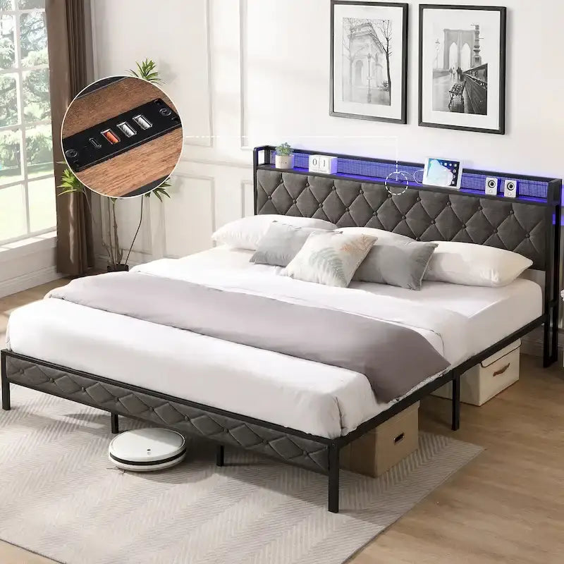 Gray Upholstered Platform Bed Frame with LED Headboard and Charging Station