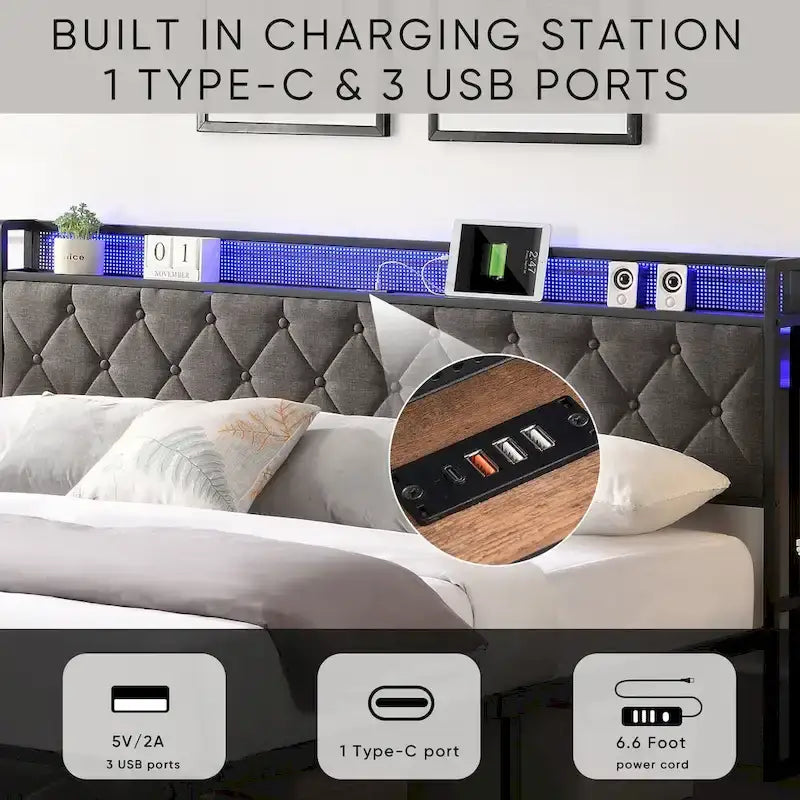 Gray Upholstered Platform Bed Frame with LED Headboard and Charging Station