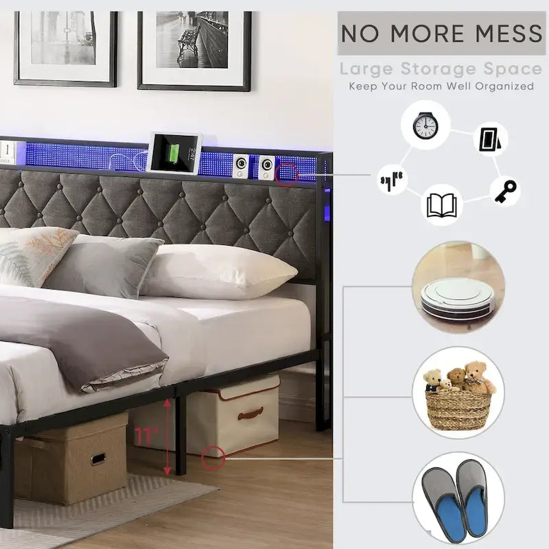 Gray Upholstered Platform Bed Frame with LED Headboard and Charging Station