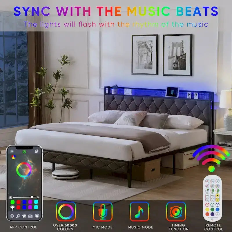 Gray Upholstered Platform Bed Frame with LED Headboard and Charging Station