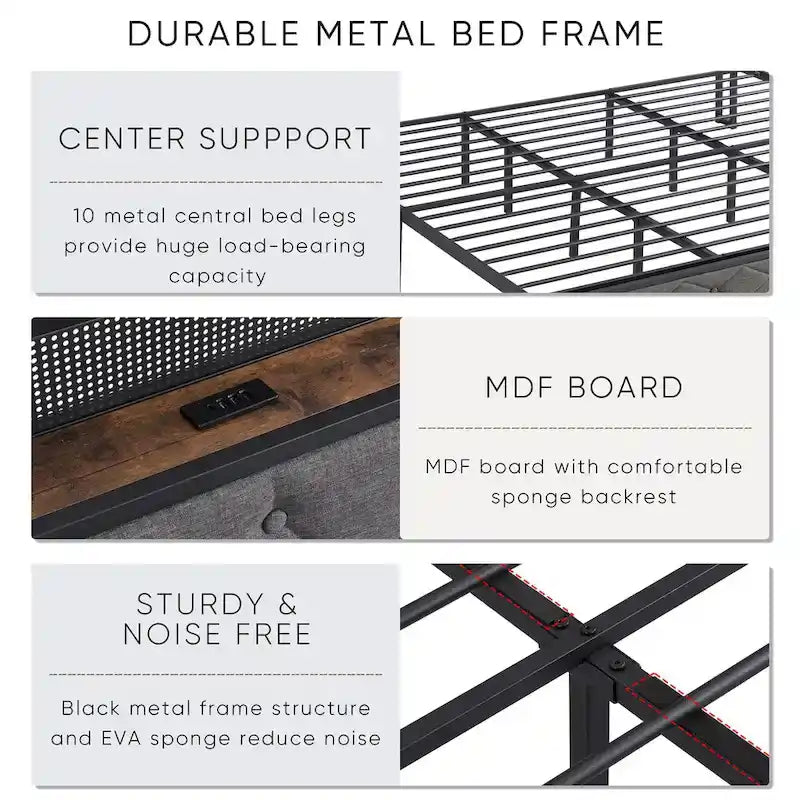 Gray Upholstered Platform Bed Frame with LED Headboard and Charging Station