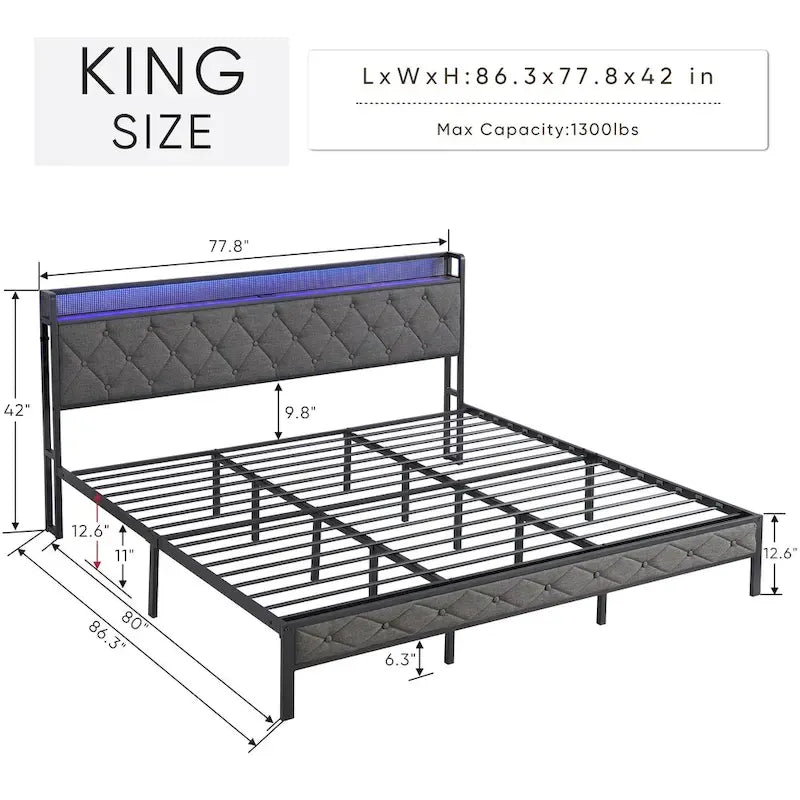 Gray Upholstered Platform Bed Frame with LED Headboard and Charging Station