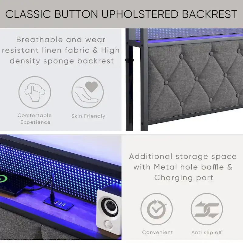 Gray Upholstered Platform Bed Frame with LED Headboard and Charging Station