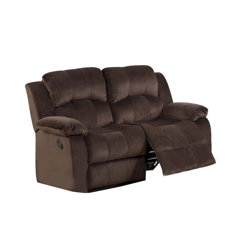 Chocolate Padded Suede Reclining Motion Loveseat with Pillow Top Armrests