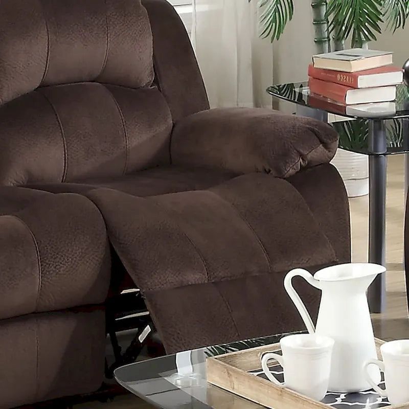 Chocolate Padded Suede Reclining Motion Loveseat with Pillow Top Armrests