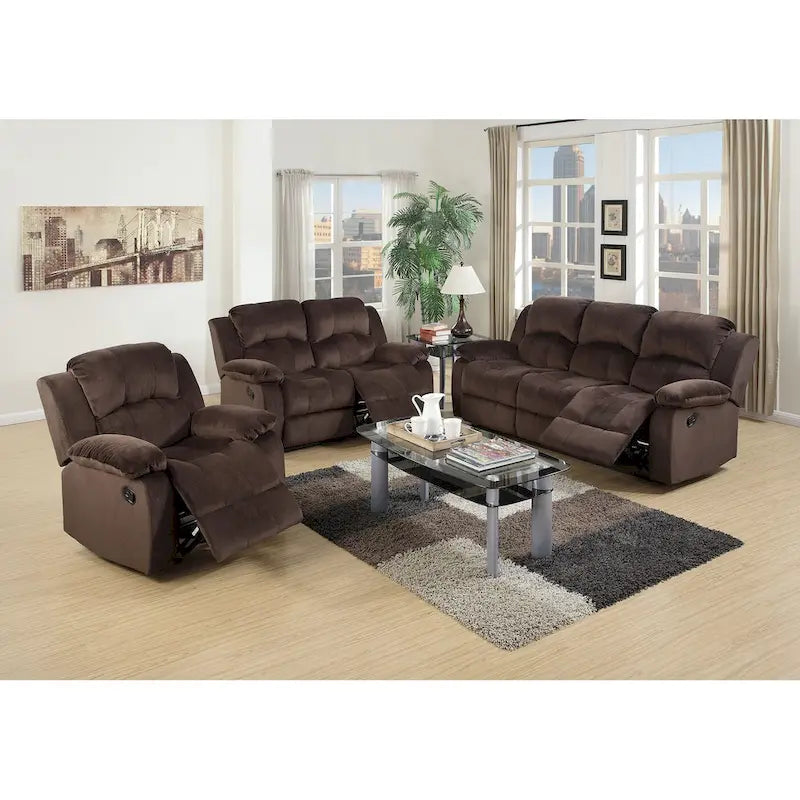 Chocolate Padded Suede Reclining Motion Loveseat with Pillow Top Armrests