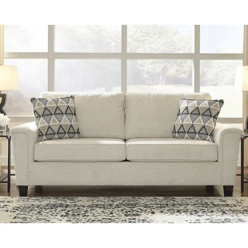 Contemporary Chenille Sofa with Track Arms and Throw Pillows