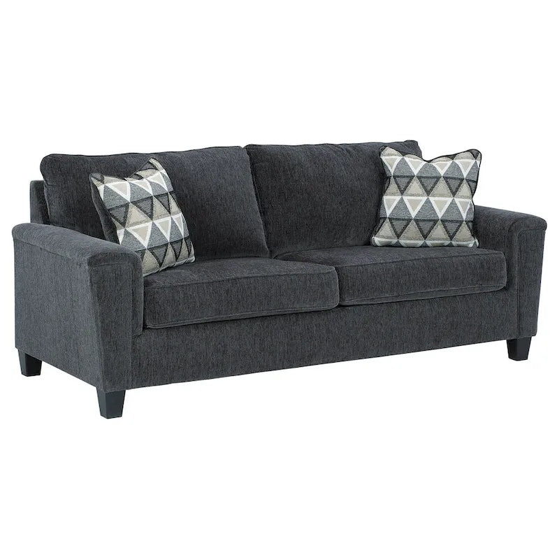 Contemporary Chenille Sofa with Track Arms and Throw Pillows