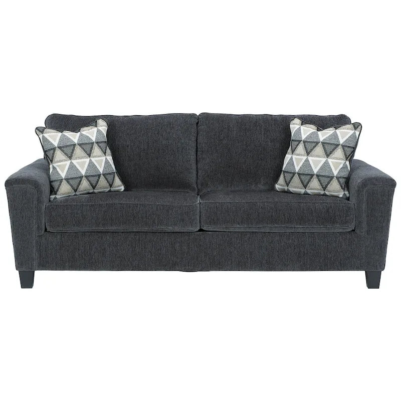 Contemporary Chenille Sofa with Track Arms and Throw Pillows