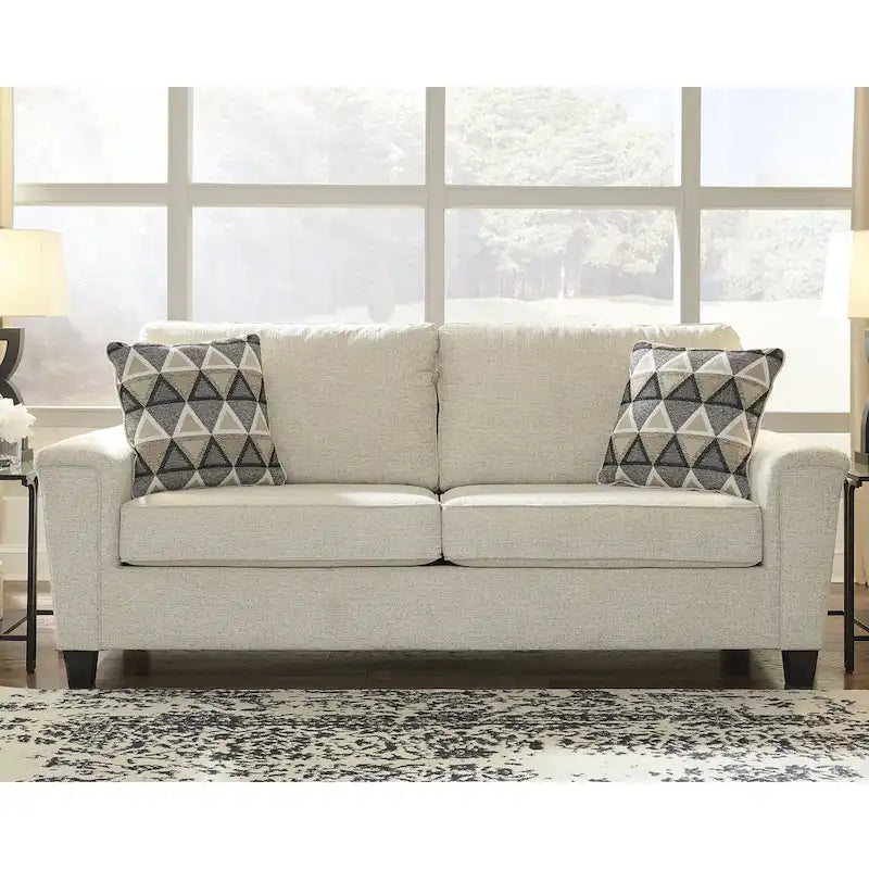 Contemporary Chenille Sofa with Track Arms and Throw Pillows
