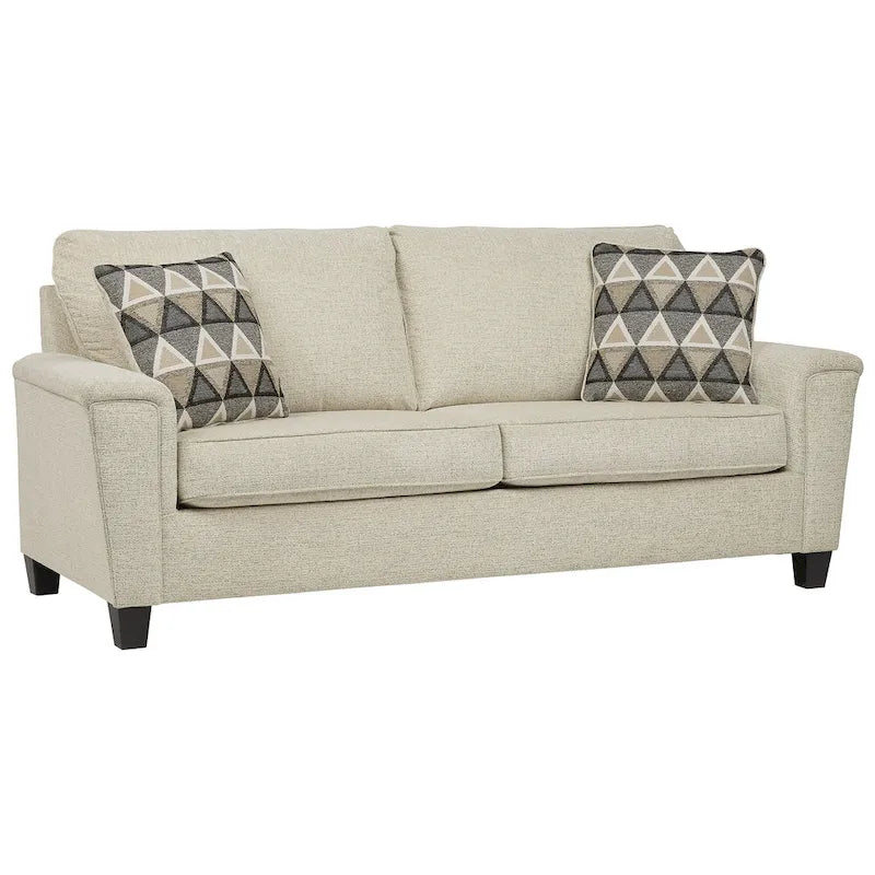 Contemporary Chenille Sofa with Track Arms and Throw Pillows