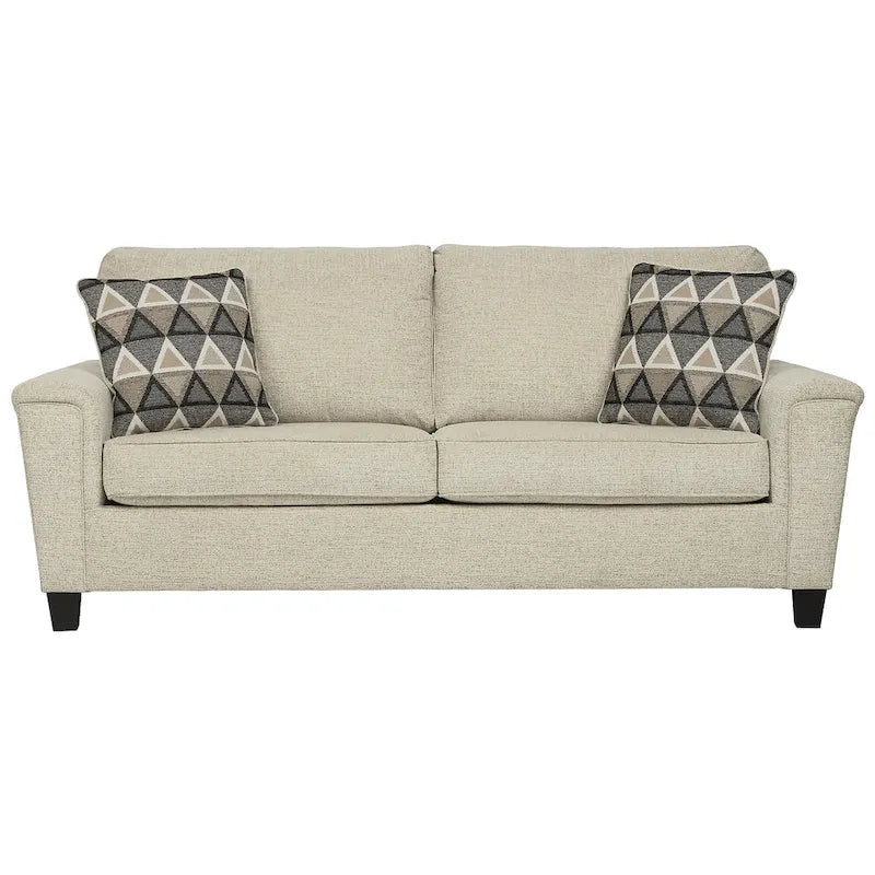 Contemporary Chenille Sofa with Track Arms and Throw Pillows