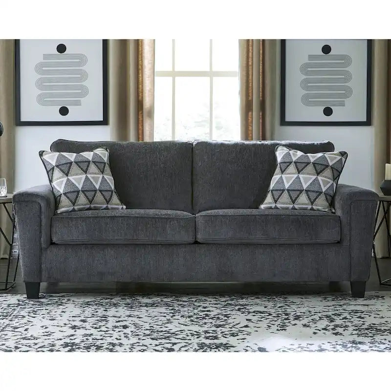 Contemporary Chenille Sofa with Track Arms and Throw Pillows