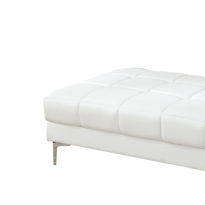 White Tufted Bonded Leather Rectangular Cocktail Ottoman with Metal Legs