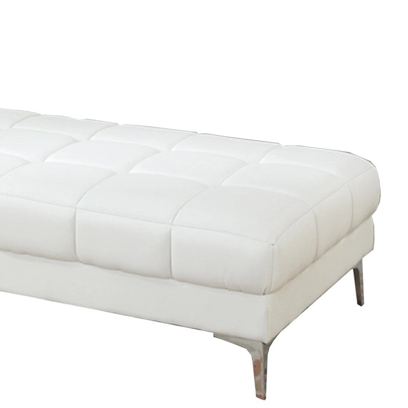White Tufted Bonded Leather Rectangular Cocktail Ottoman with Metal Legs