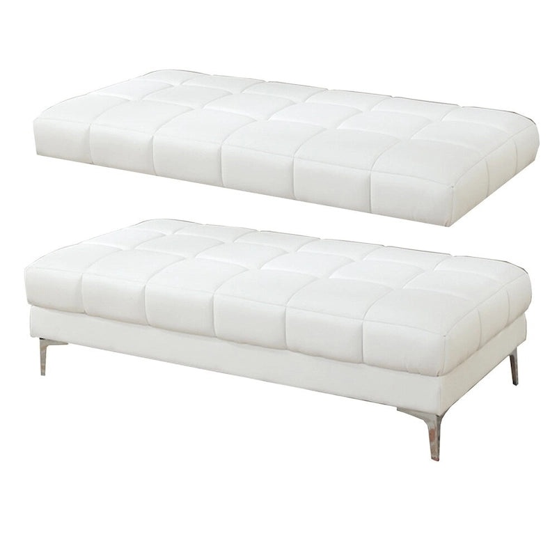 White Tufted Bonded Leather Rectangular Cocktail Ottoman with Metal Legs