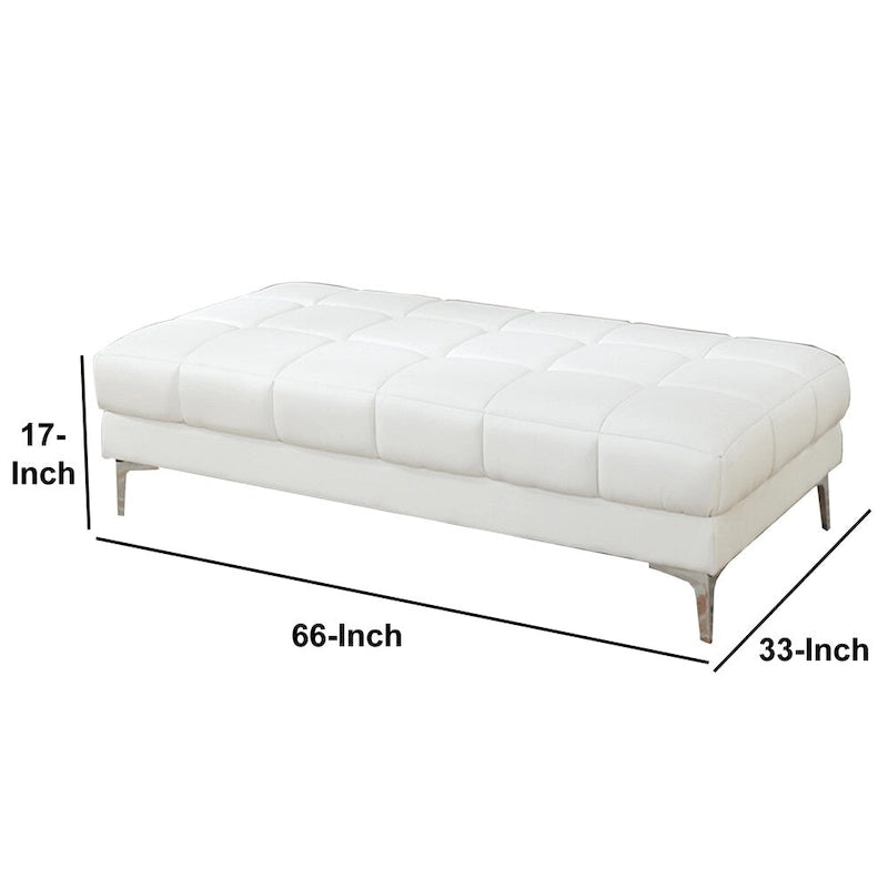 White Tufted Bonded Leather Rectangular Cocktail Ottoman with Metal Legs
