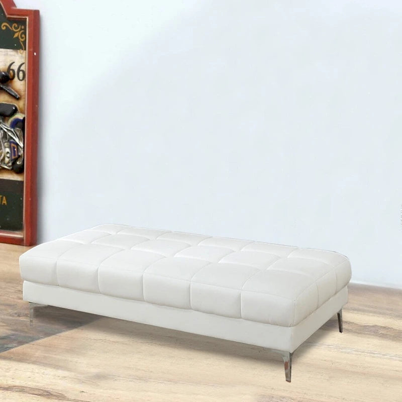 White Tufted Bonded Leather Rectangular Cocktail Ottoman with Metal Legs