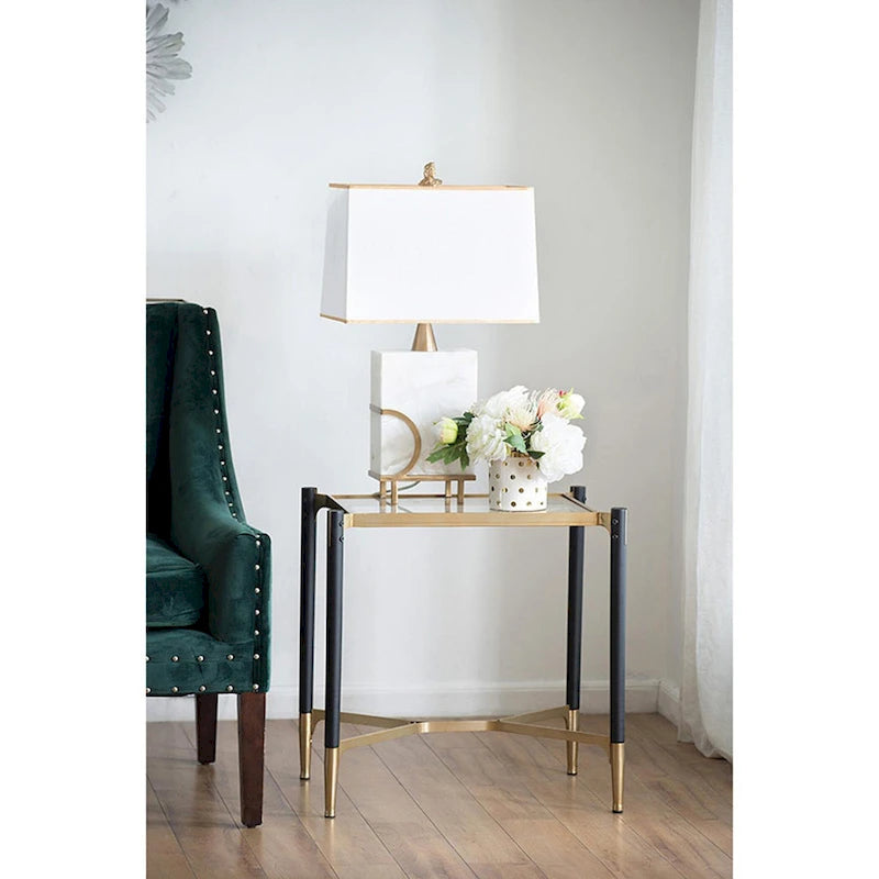 Matte Black Gold Rectangle Glass Top Contemporary Side End Table