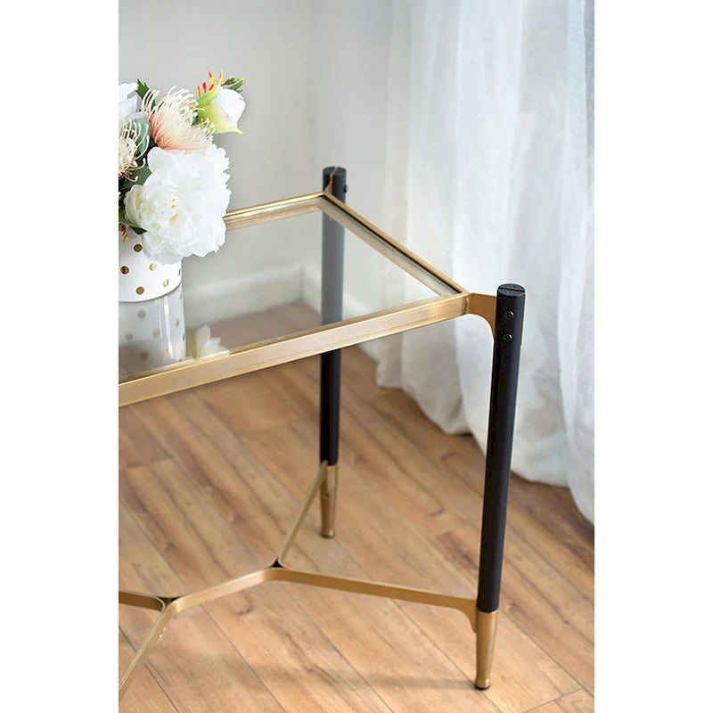 Matte Black Gold Rectangle Glass Top Contemporary Side End Table
