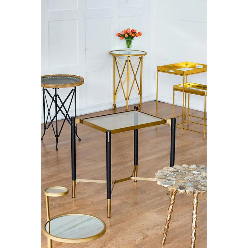 Matte Black Gold Rectangle Glass Top Contemporary Side End Table
