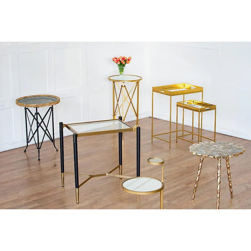 Matte Black Gold Rectangle Glass Top Contemporary Side End Table