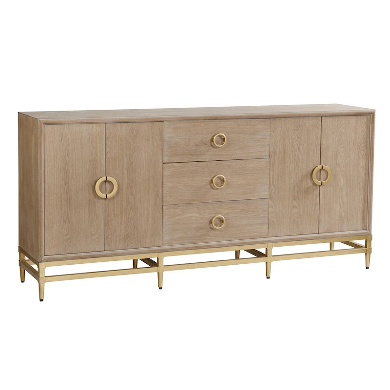 Weathered Oak Credenza with Gold Metal Frame and Ring Pulls