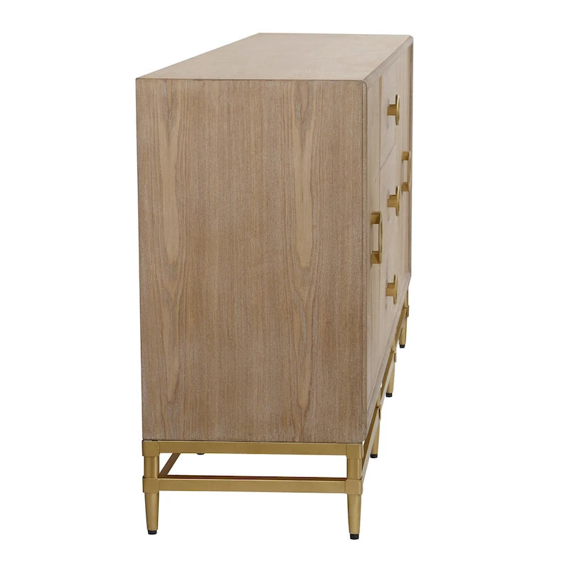 Weathered Oak Credenza with Gold Metal Frame and Ring Pulls