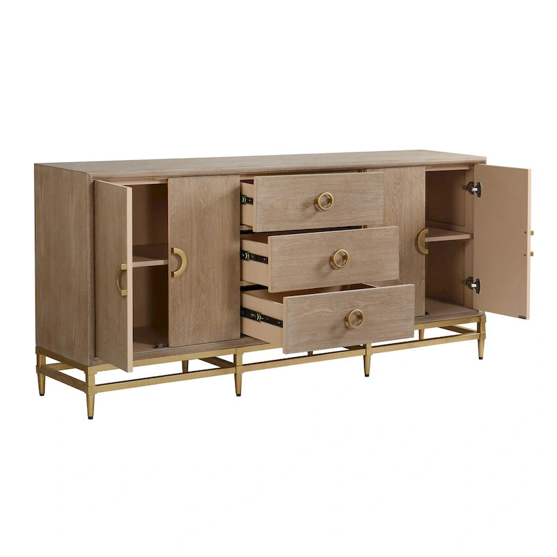 Weathered Oak Credenza with Gold Metal Frame and Ring Pulls