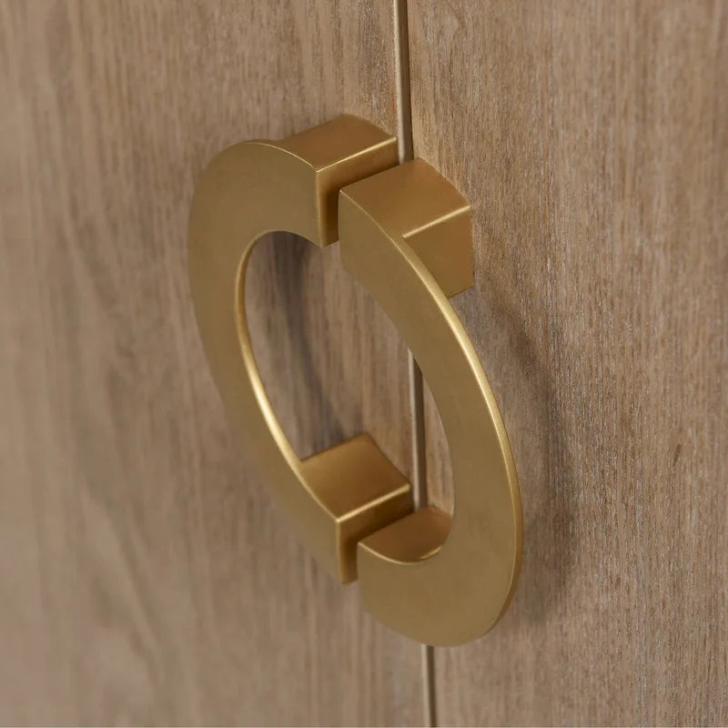 Weathered Oak Credenza with Gold Metal Frame and Ring Pulls