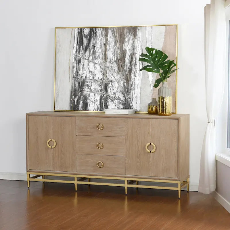 Weathered Oak Credenza with Gold Metal Frame and Ring Pulls