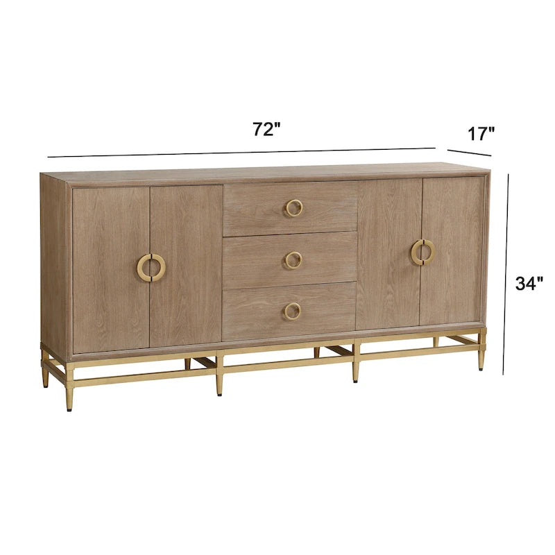 Weathered Oak Credenza with Gold Metal Frame and Ring Pulls