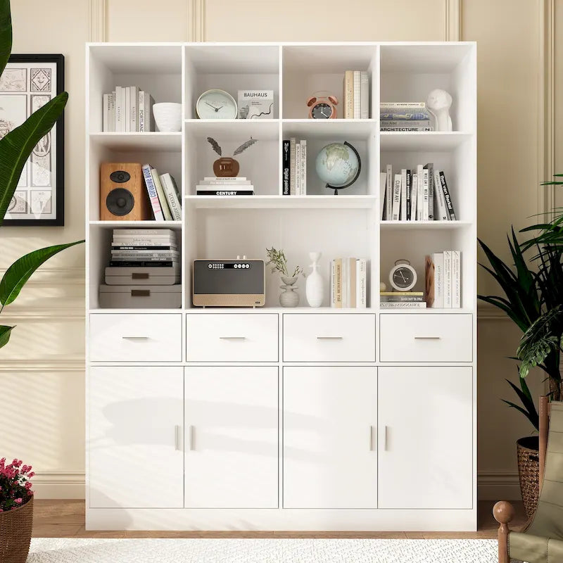 Large Black Bookcase with 4 Doors 4 Drawers Open Storage Shelves