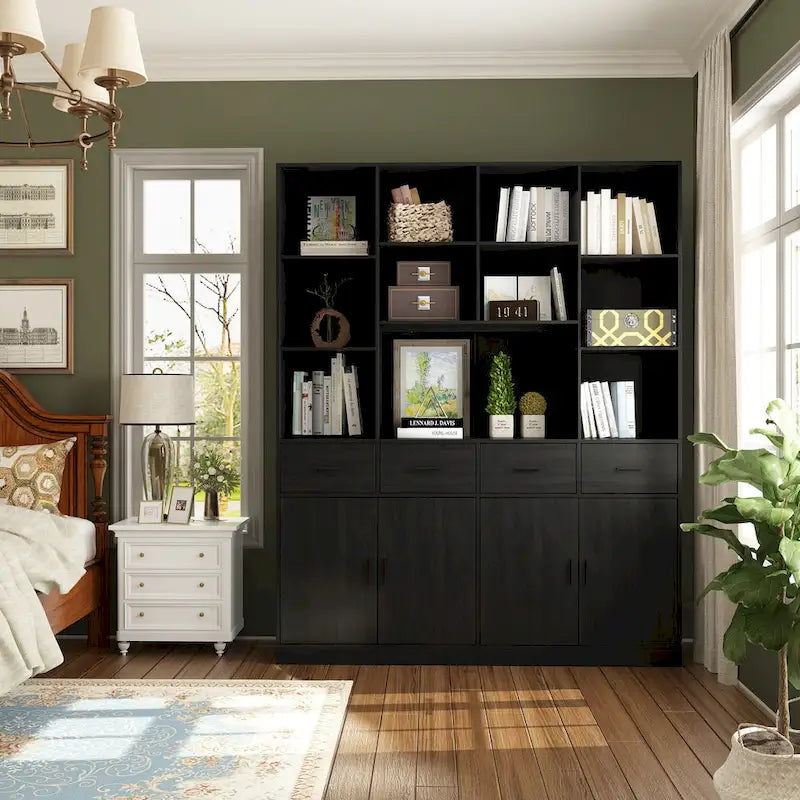 Large Black Bookcase with 4 Doors 4 Drawers Open Storage Shelves