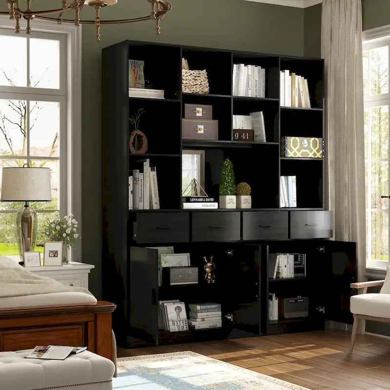 Large Black Bookcase with 4 Doors 4 Drawers Open Storage Shelves