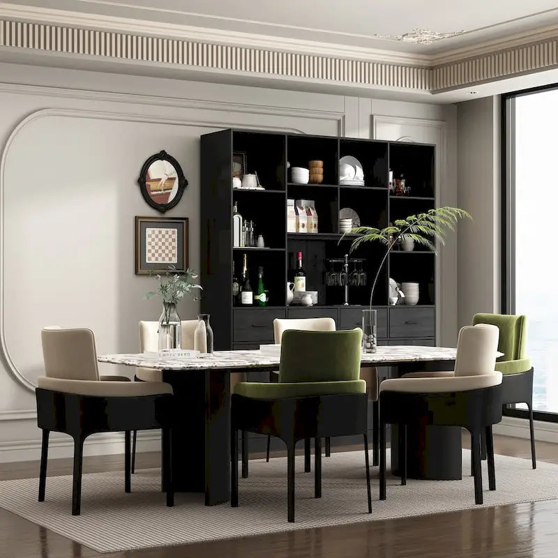Large Black Bookcase with 4 Doors 4 Drawers Open Storage Shelves