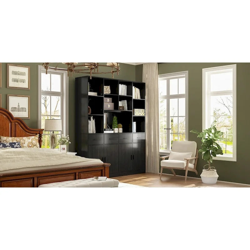 Large Black Bookcase with 4 Doors 4 Drawers Open Storage Shelves