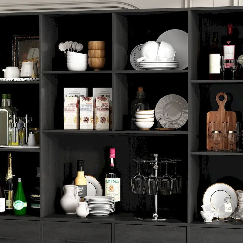 Large Black Bookcase with 4 Doors 4 Drawers Open Storage Shelves