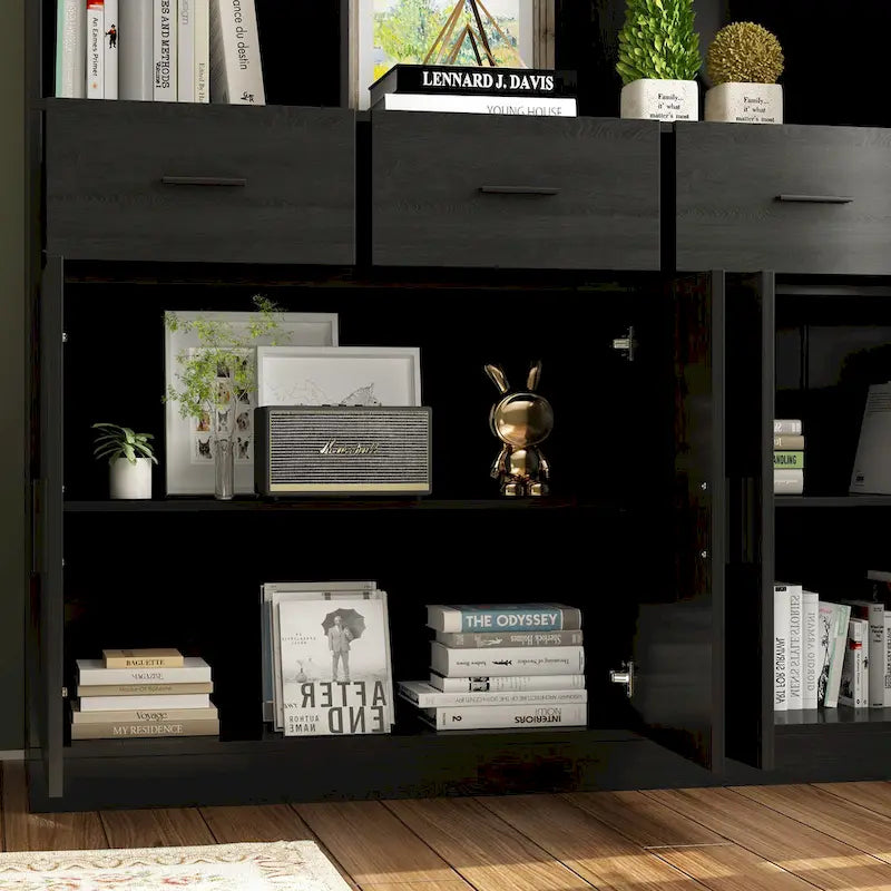 Large Black Bookcase with 4 Doors 4 Drawers Open Storage Shelves