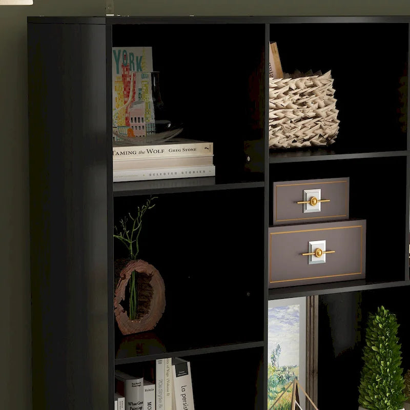 Large Black Bookcase with 4 Doors 4 Drawers Open Storage Shelves