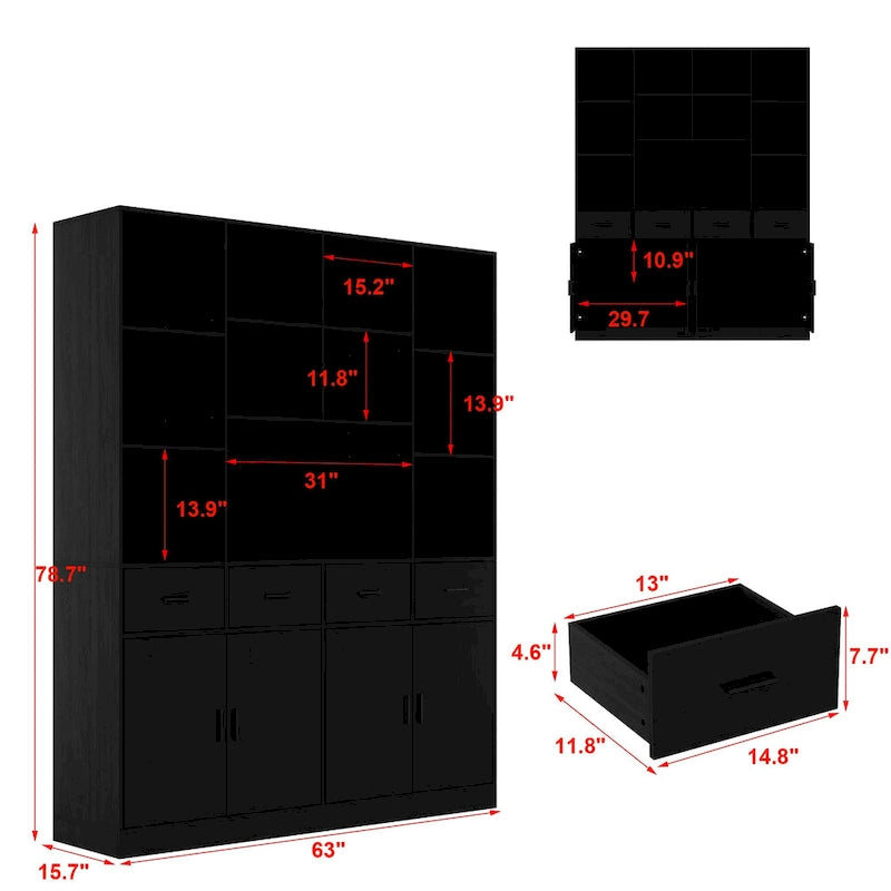 Large Black Bookcase with 4 Doors 4 Drawers Open Storage Shelves