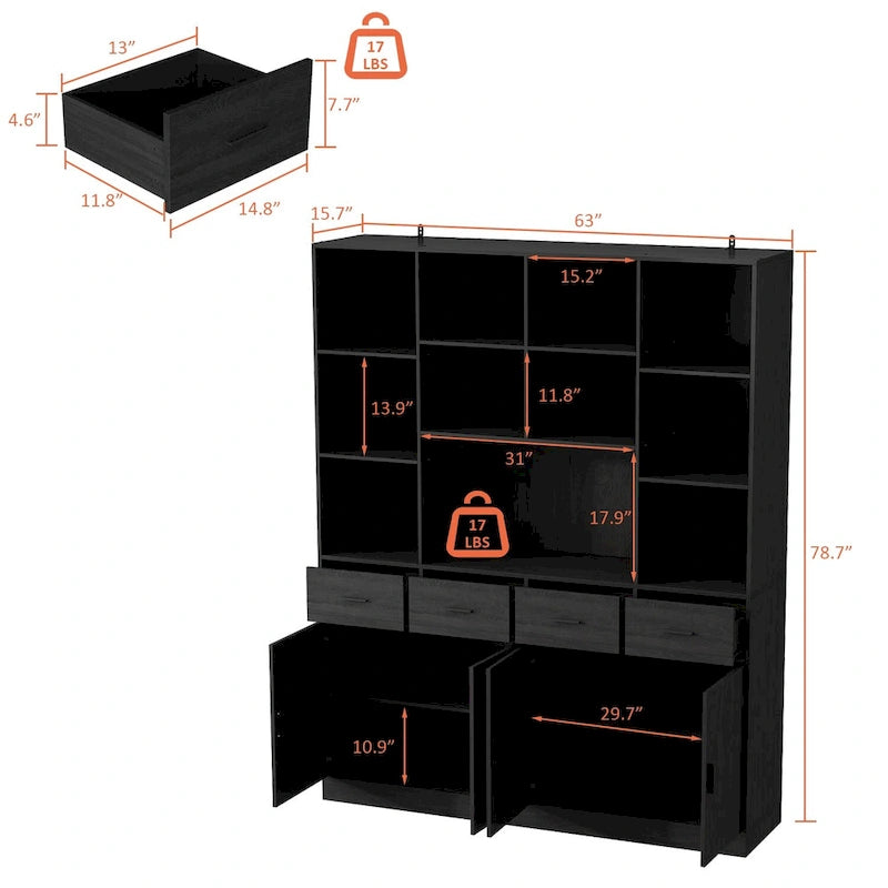 Large Black Bookcase with 4 Doors 4 Drawers Open Storage Shelves