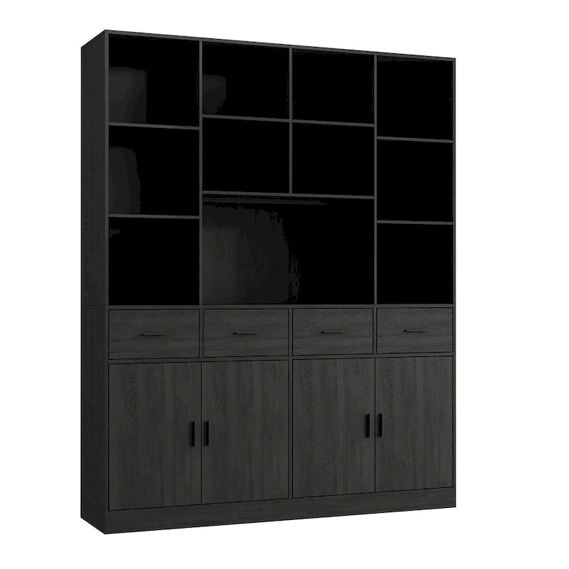 Large Black Bookcase with 4 Doors 4 Drawers Open Storage Shelves